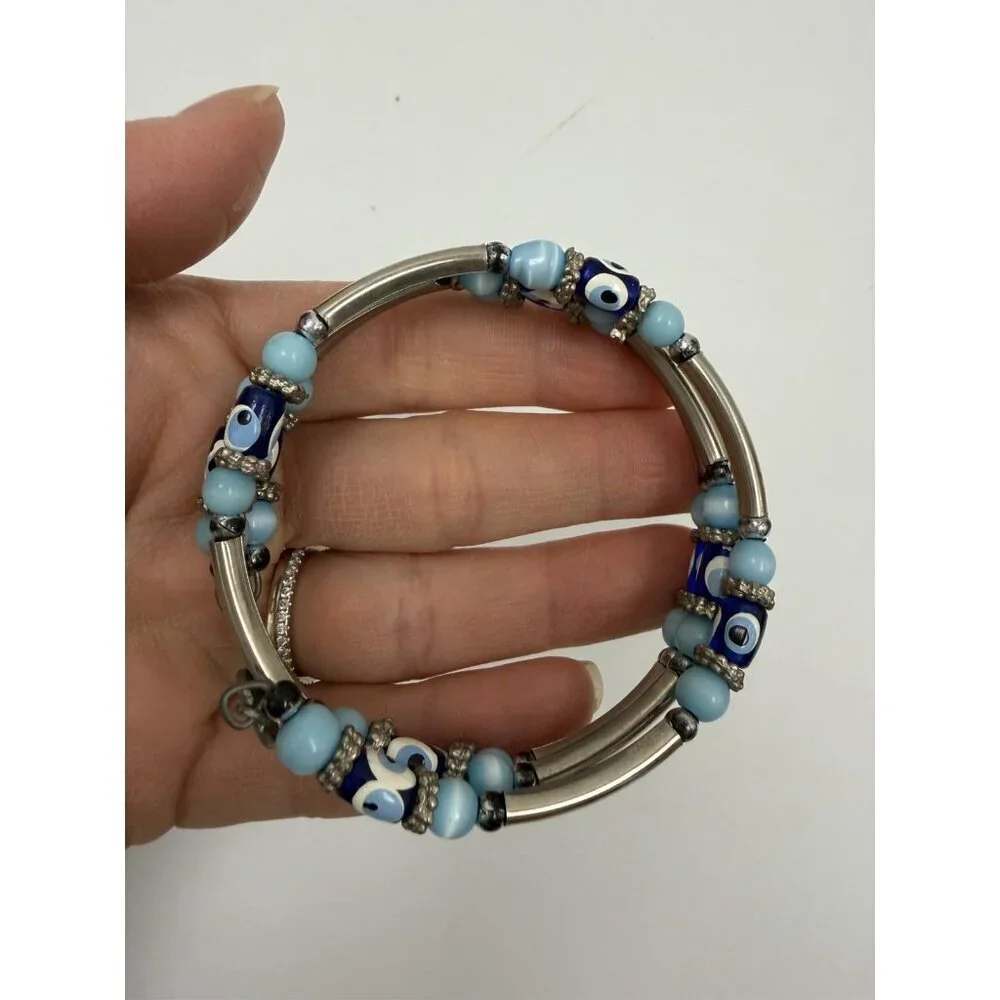 Vintage Silver Tone Layer Blue  Round & Barrel Beaded Bracelet